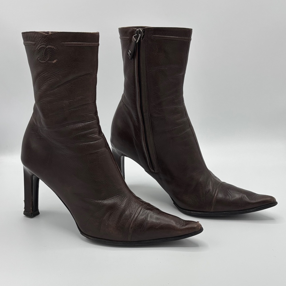 CHANEL Brown Leather Ankle Boots - Size 37.5